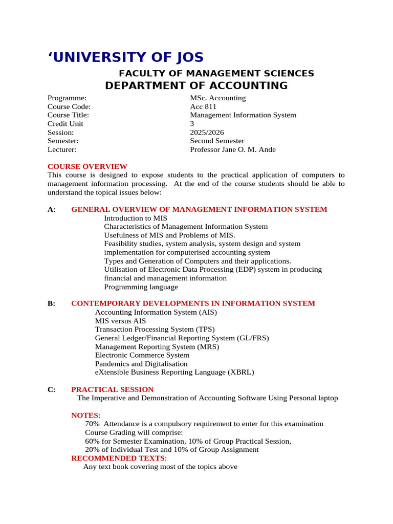 ACC 811 Management Information Systems 2025 Course Outline | PDF