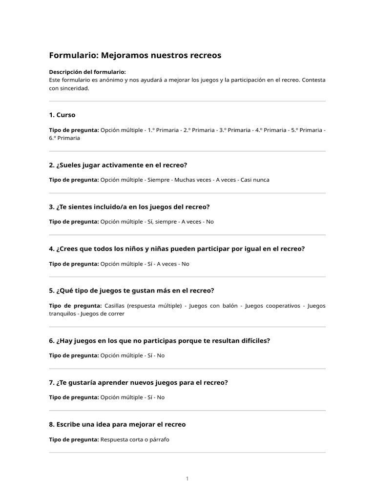 Preguntas Para Importar en Google Forms – Patios Activos E Inclusivos | PDF