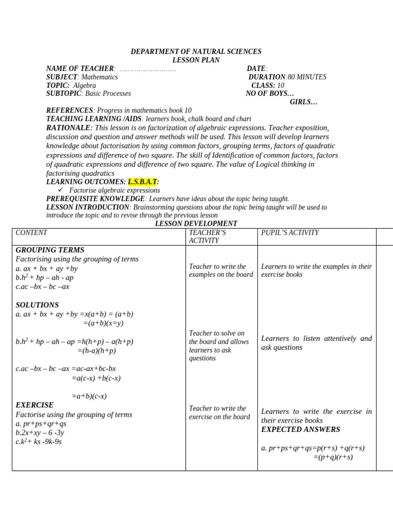 Grade 10 Mathematics Algebra - Basic Processes 5 Editable Lesson Plan ...