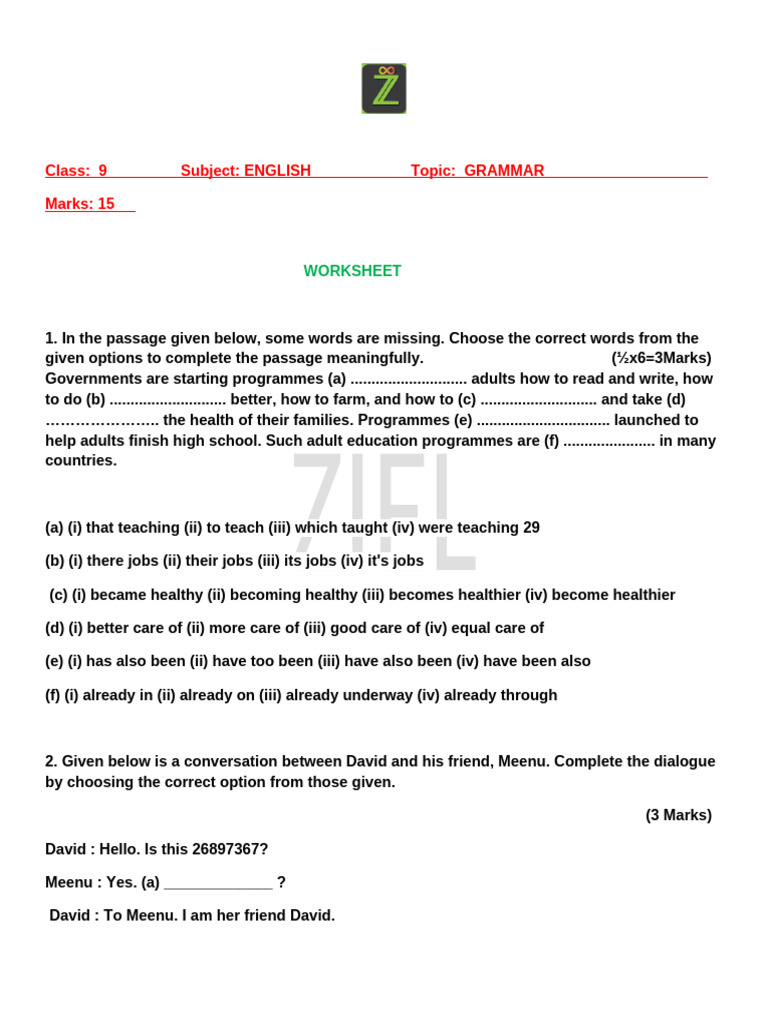 Class 9 CBSE Grammar WS2 | PDF