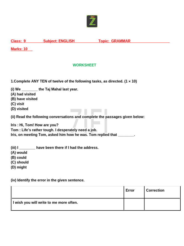 Class 9 CBSE Grammar WS3 | PDF