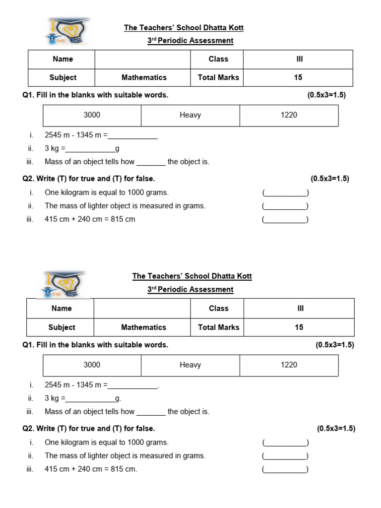 Class 3 Periodic A Ssesment Maths | PDF | Mathematics | Quantity