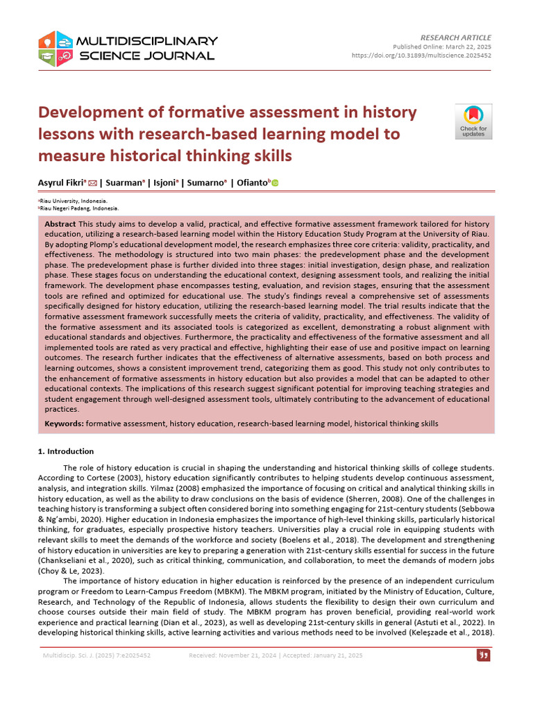 Development of Formative Assessment in History Lessons With Research ...