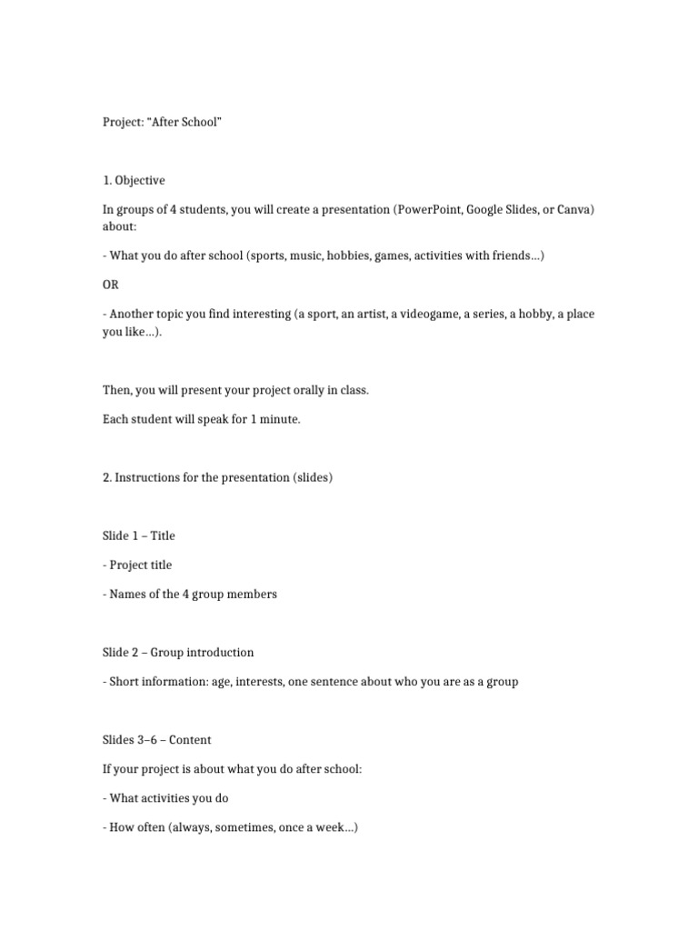 After School Project Worksheet | PDF