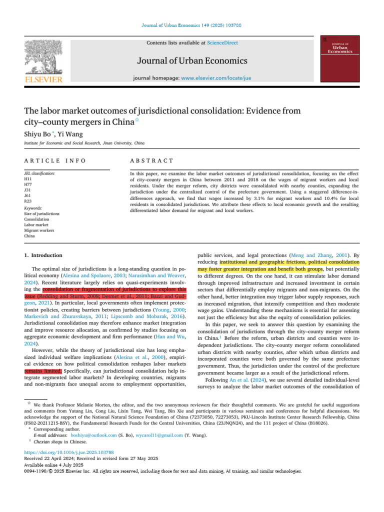 The Labor Market Outcomes of Jurisdictional Consolidation Evidence From ...