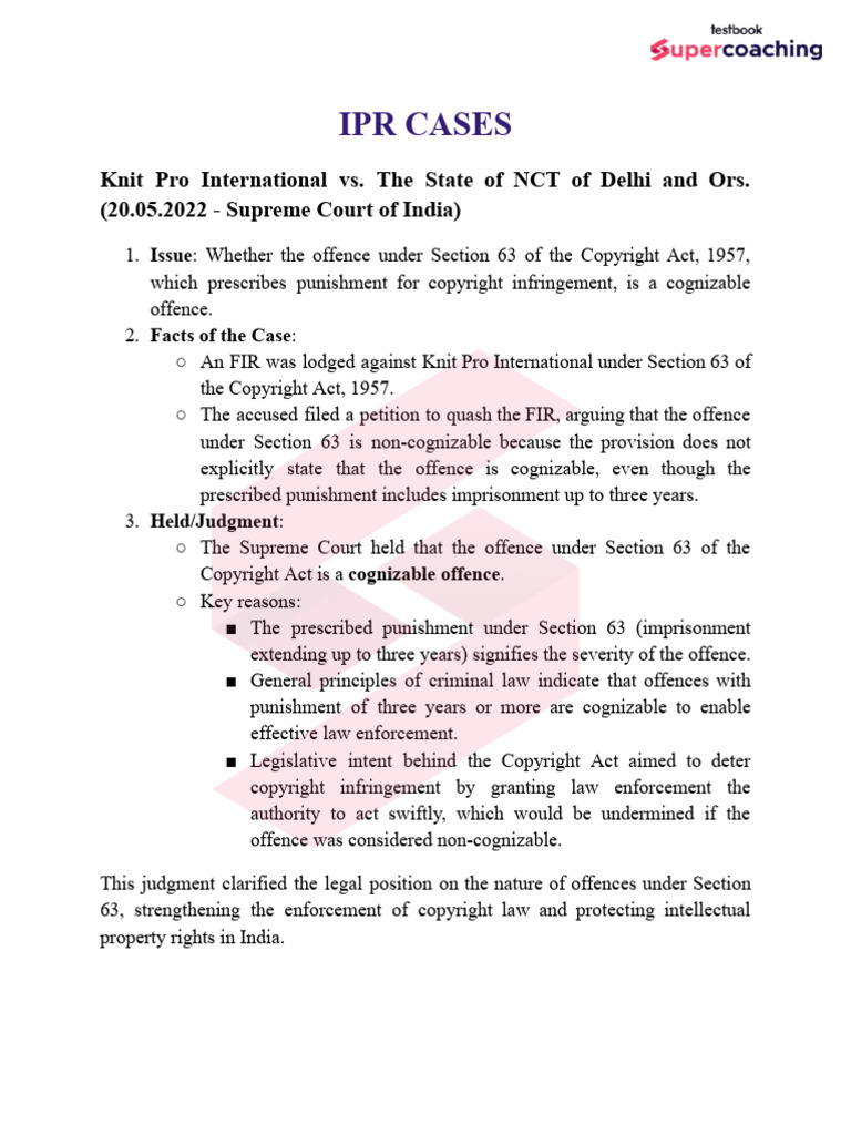 Ipr Cases: Knit Pro International vs. The State of NCT of Delhi and Ors ...