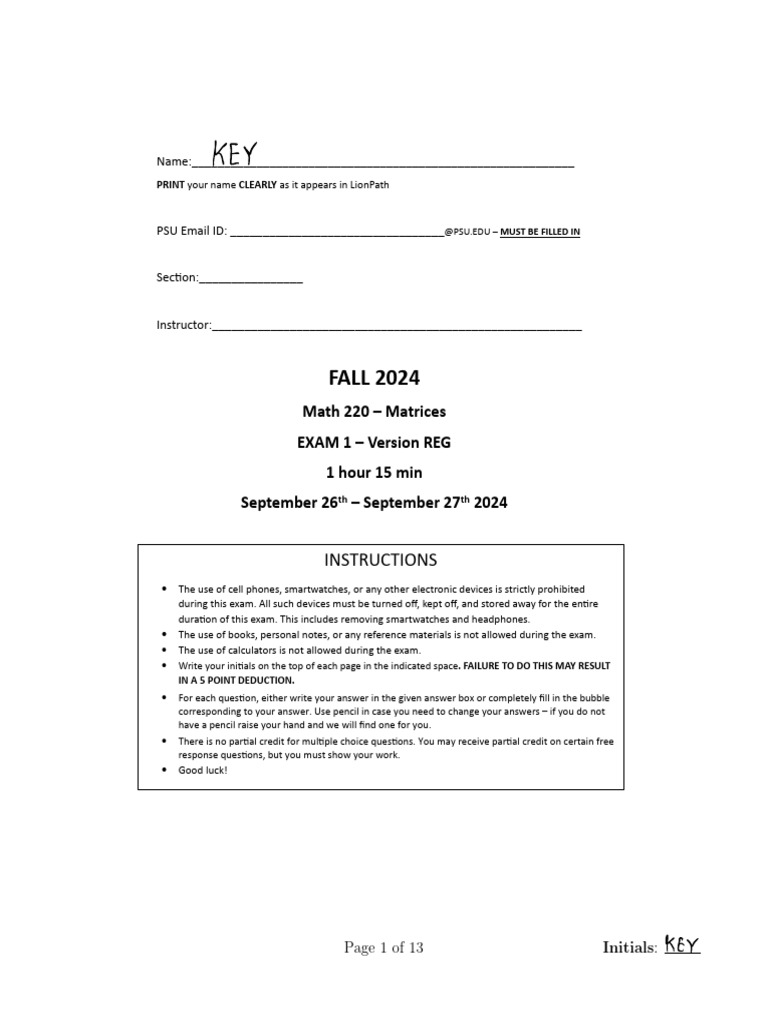MATH 220 FA24 Midterm 1 Solutions | PDF | System Of Linear Equations ...