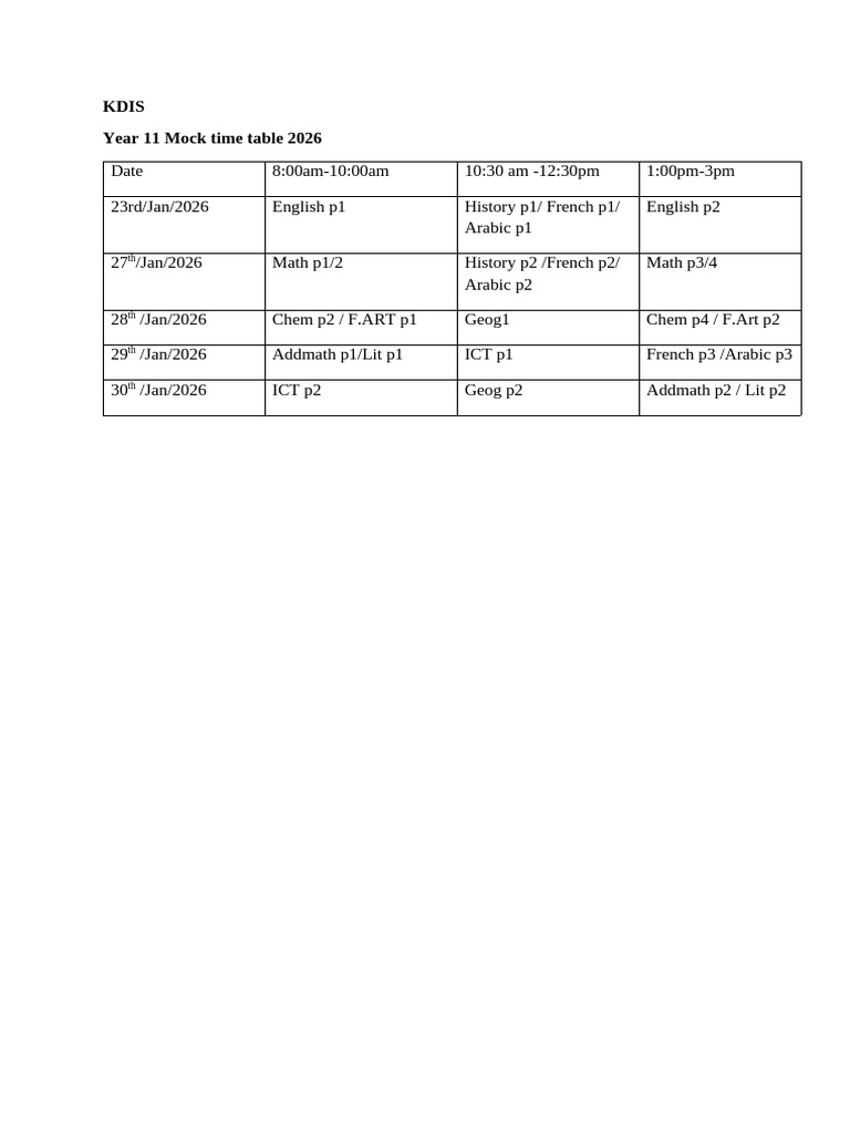 Year 11 Mock Time Table 2026 | PDF