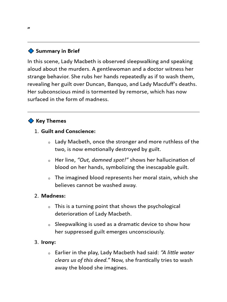 ACT 5 SCENE 1 Additional Notes | PDF | Mental Disorder | Guilt (Emotion)
