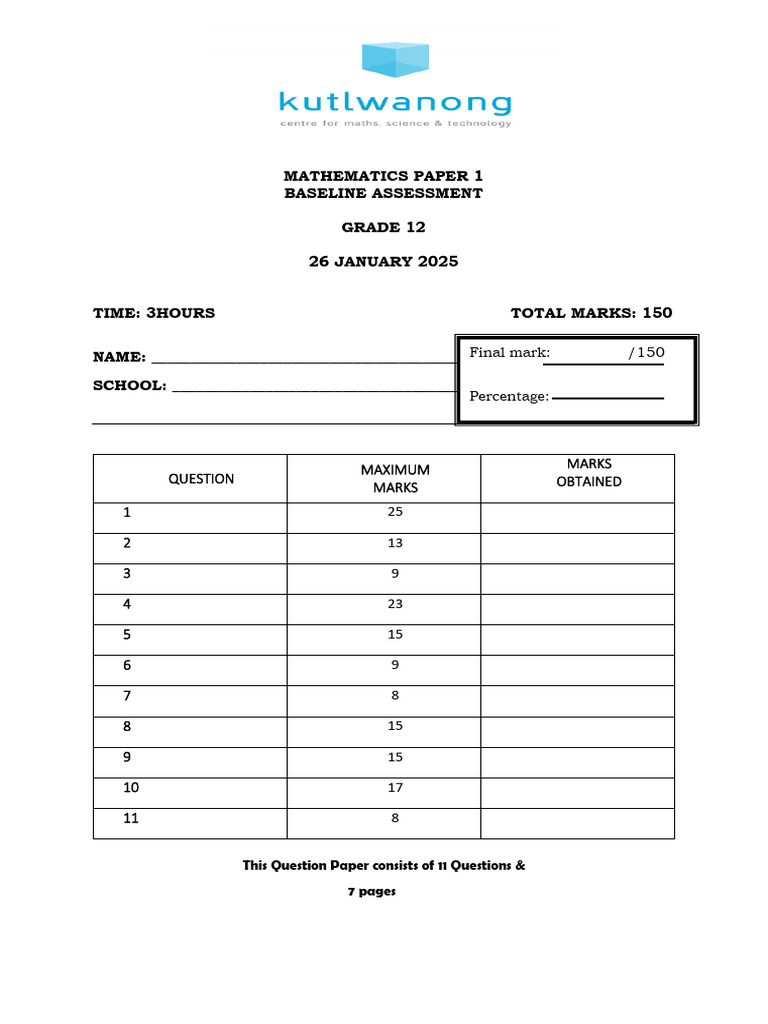 Promaths Grade 12 Baseline Assessment Maths PAPER 1 (26 January 2025 ...