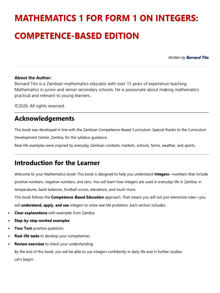 Mathematics 1 For Form 1 On Integers - Competence-Based Edition ...