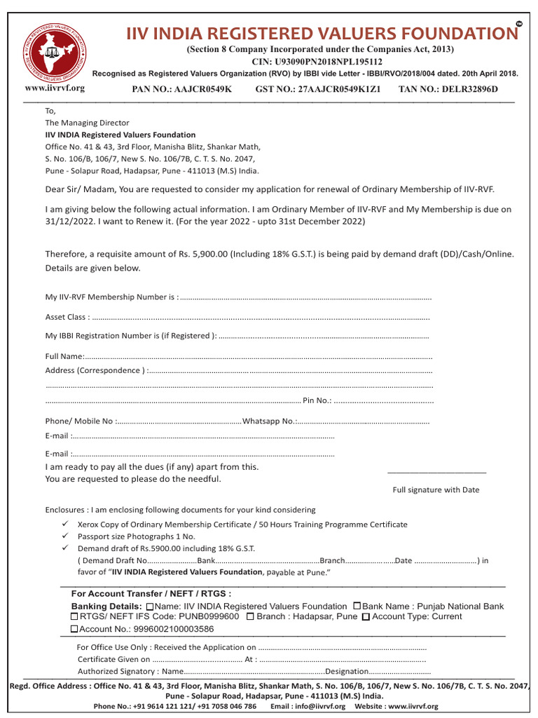 IIV-InDIA-RVF-Ordinary Membership Renewal Application Form | PDF