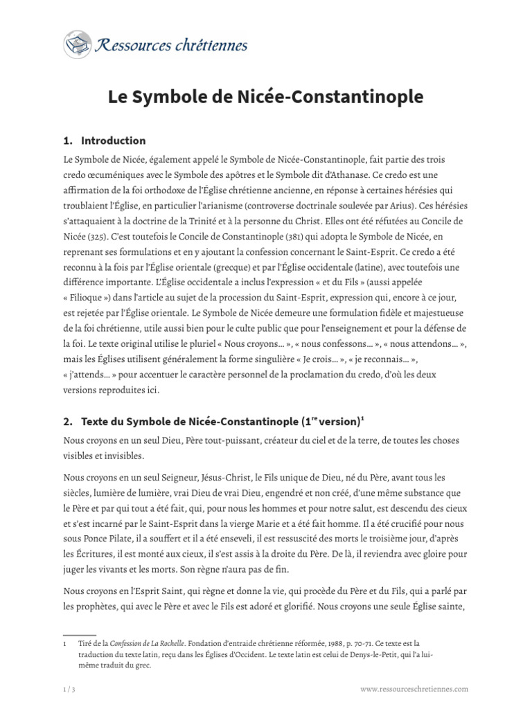 Le Symbole de Nicée-Constantinople | PDF | Branches du christianisme ...