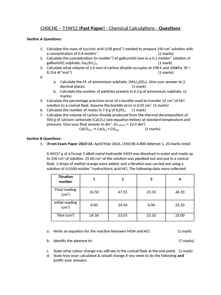 CH0CHE Past Paper - Chemical Calculations - Questions 2 | PDF ...