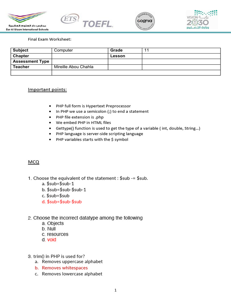 Important Points:: Computer 11 | PDF | Php | Boolean Data Type