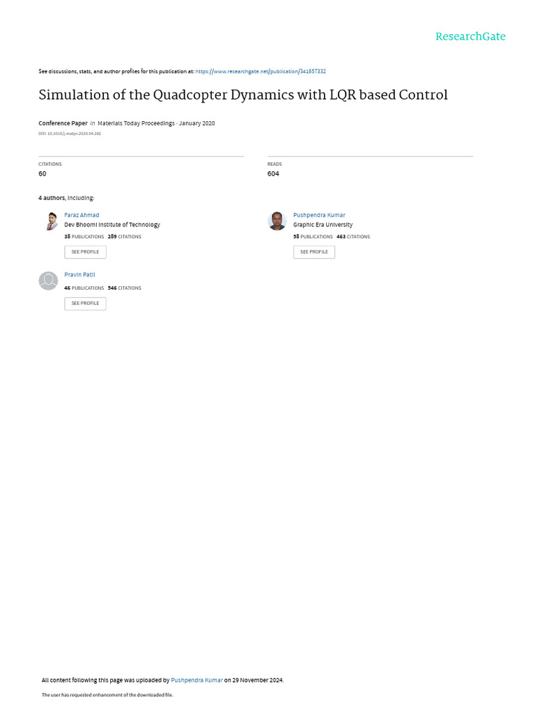 Simulation of The Quadcopter Dynamics With LQR Based Control | PDF ...