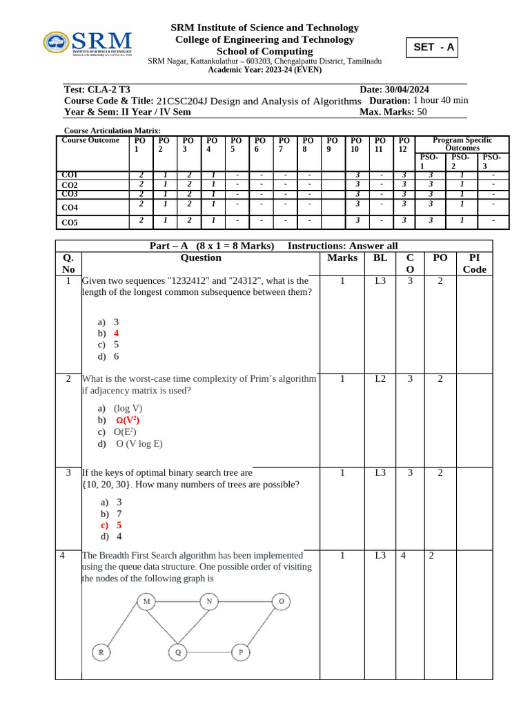Ct2 Daa Set A - Answer Key | PDF | Vertex (Graph Theory) | Theoretical ...
