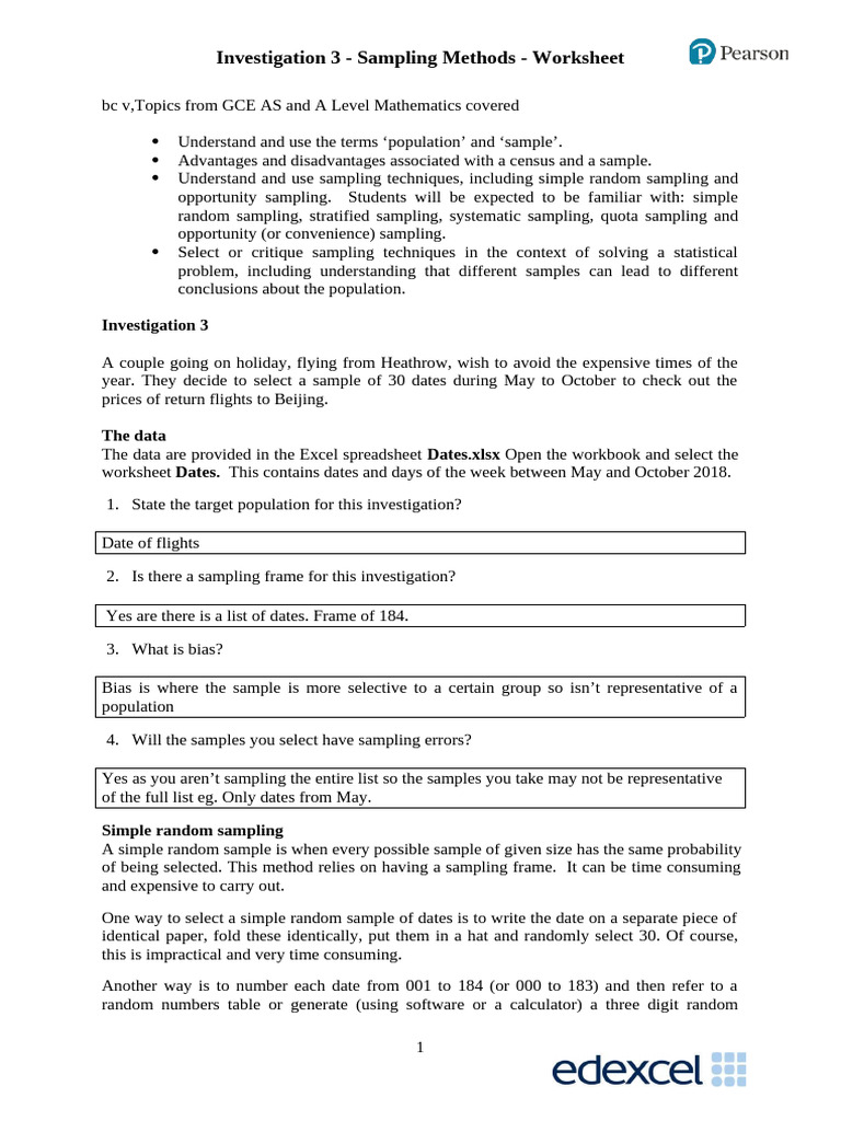 Investigation 3-Worksheet FINAL | PDF | Sampling (Statistics) | Statistics