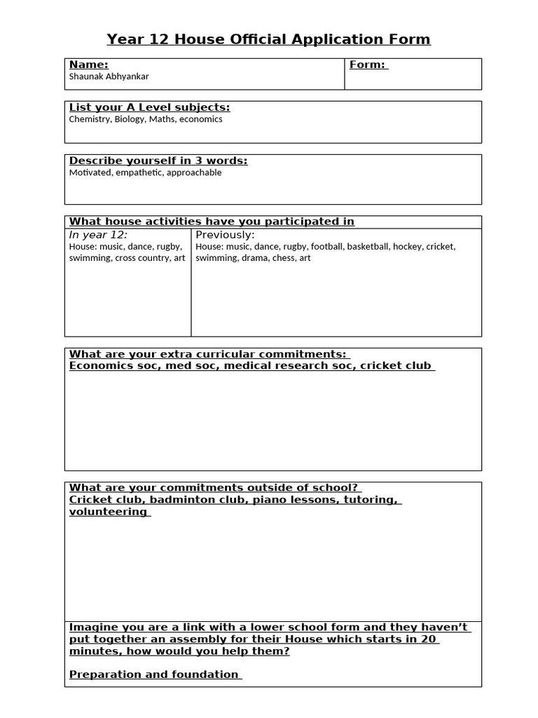 Year 12 House Official Application Form 2025 - Final | PDF