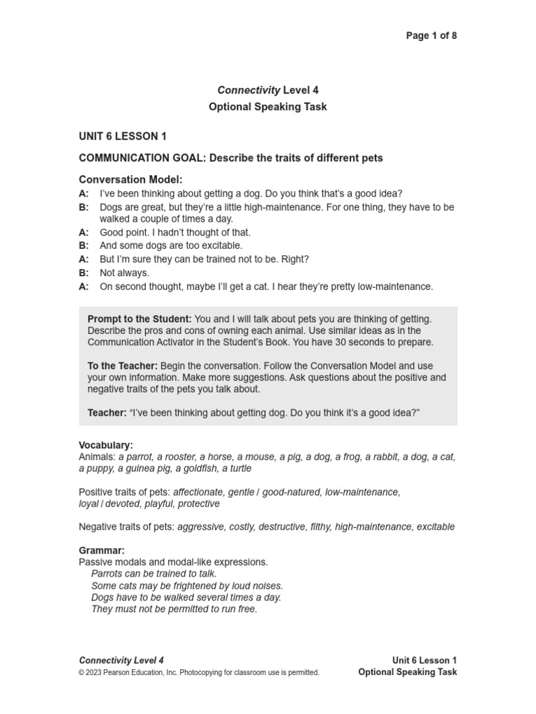 CTY4 Assessments Unit 6 Speaking Task | PDF | Pet | Communication