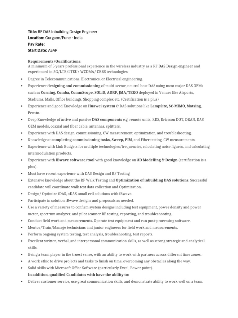 JD - RF DAS Inbuilding Design Engineer | PDF | Electronics ...