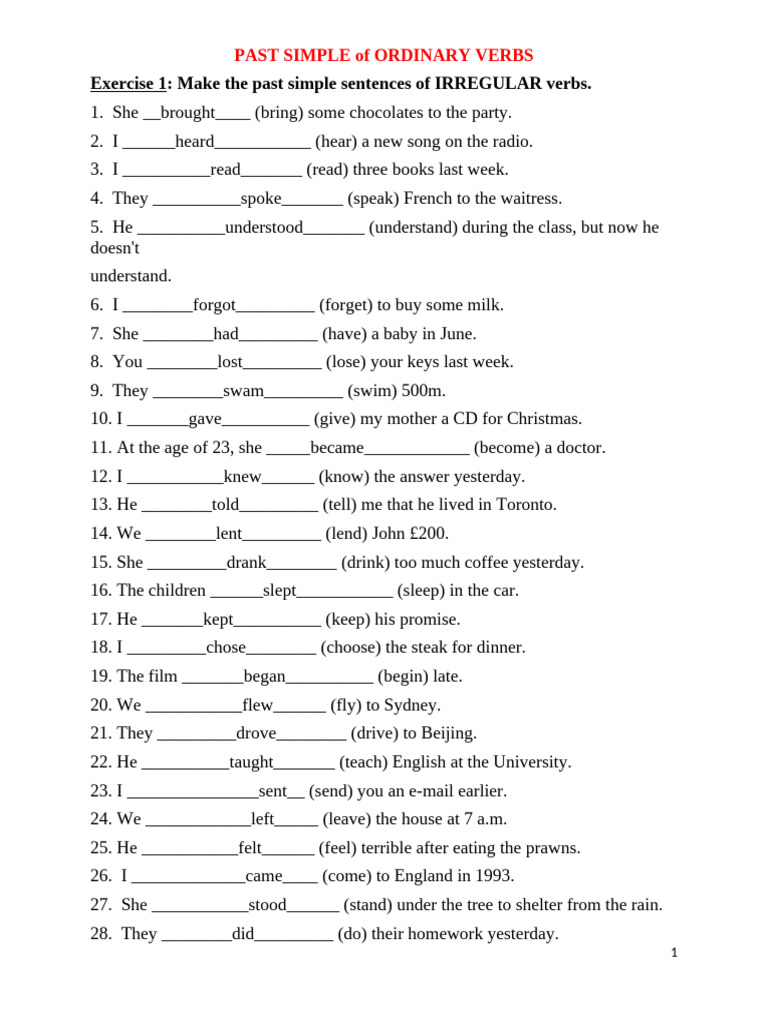 Past Simple of Ordinary Verbs. Sent | PDF
