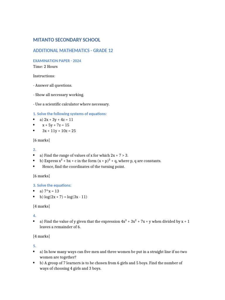 Additional Mathematics Grade 12 Exam | PDF | Equations | Velocity