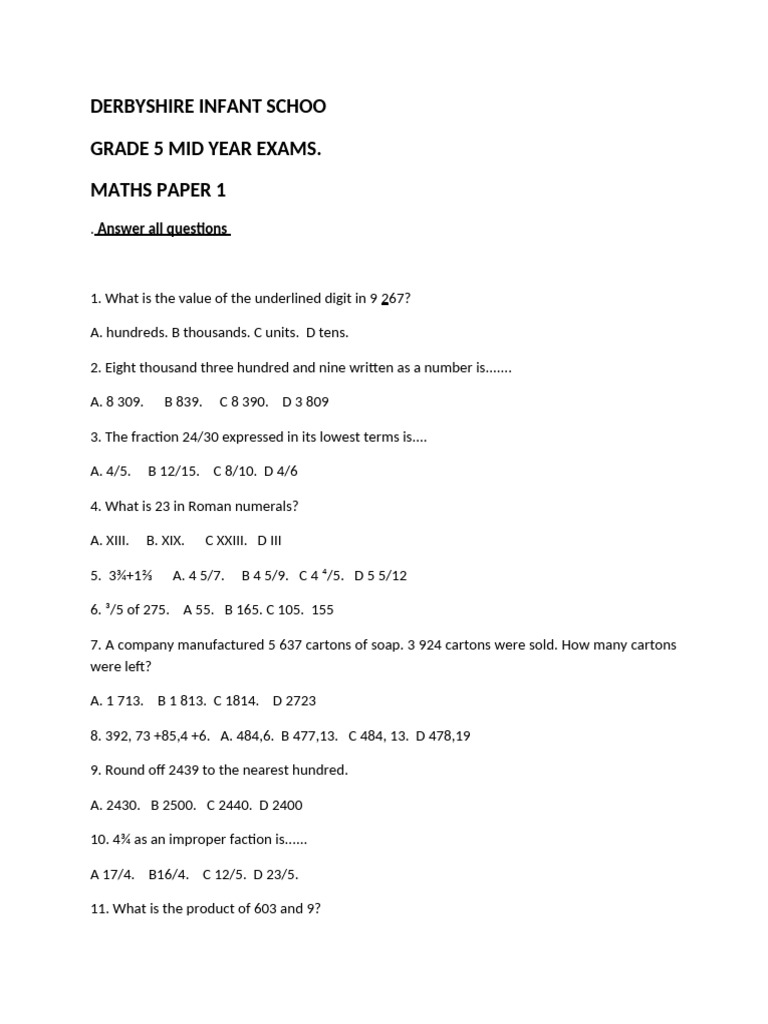 Grade 5 Maths Paper 1 Mid | PDF