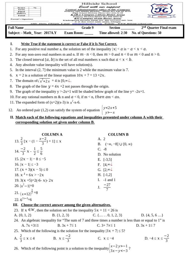2017A.Y Grade 9 Math 2nd Quarter Final Exam | PDF | Quadratic Equation ...
