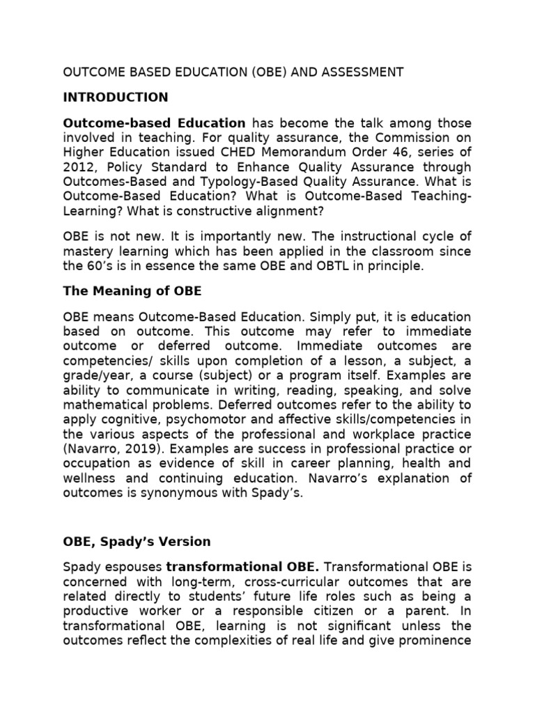 Outcome Based Education Obe and Assessment | PDF | Educational ...