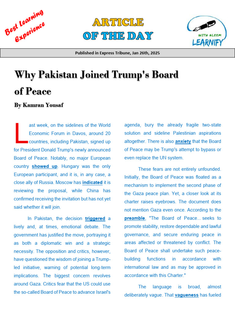 Article of The Day - Why Pakistan Joined Trump's Board of Peace | PDF ...