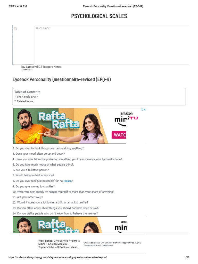 Eysenck Personality Questionnaire-Revised (EPQ-R) | PDF | Extraversion ...