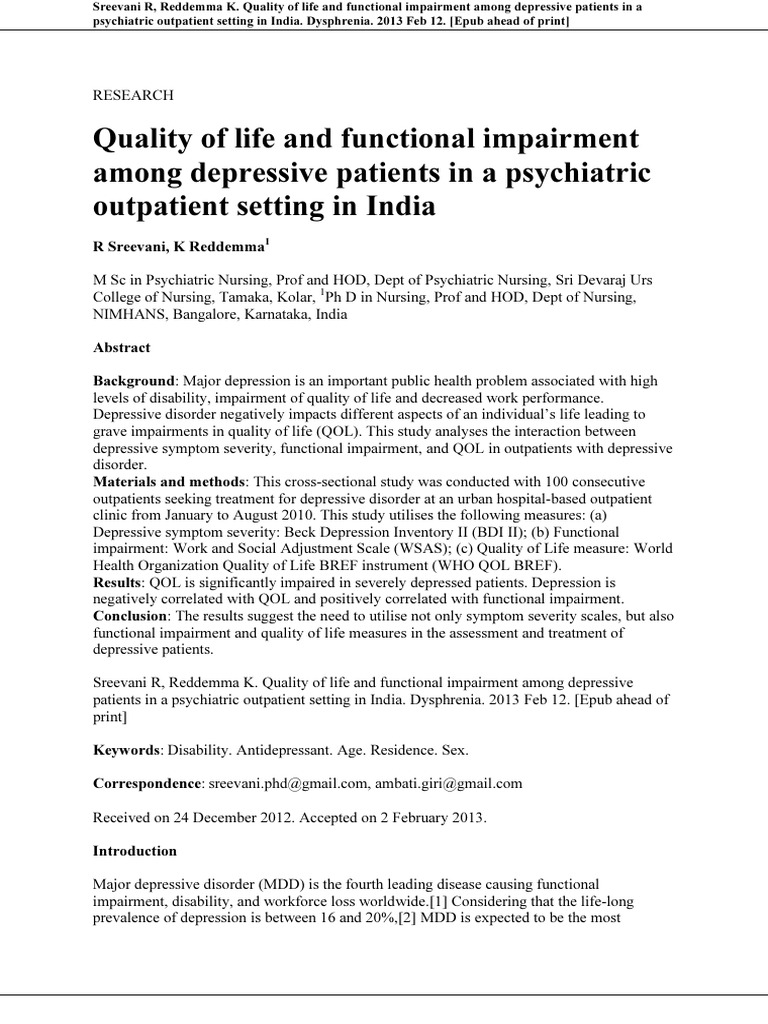 Quality of Life and Functional Impairment Among Depressive Patients in ...