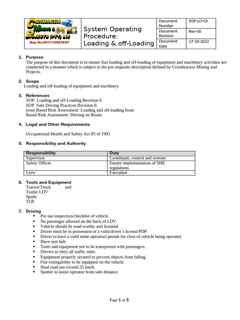 SED SOP Loading & Off-Loading | PDF | Personal Protective Equipment ...