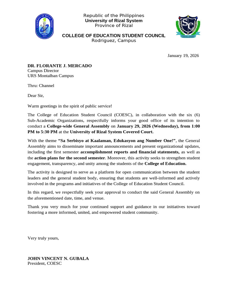 Coe SC Letter For General Assembly | PDF