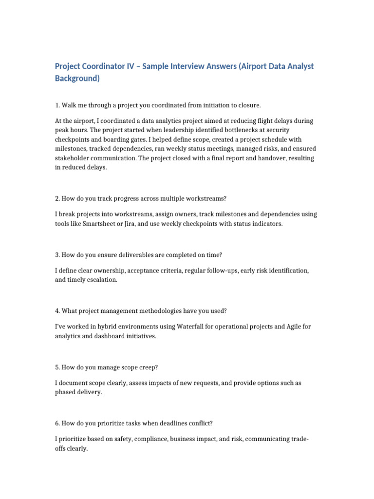 Project Coordinator IV Interview Answers | PDF | Risk | Risk Management