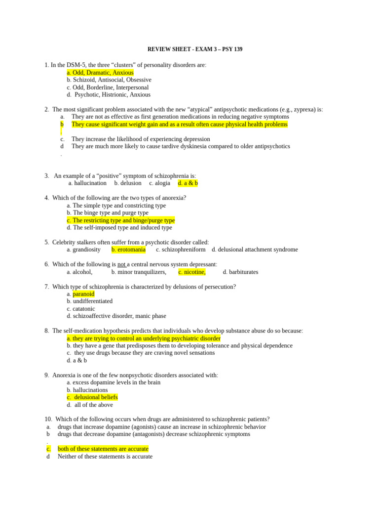 Exam 3 Review Psy 139 | PDF | Schizophrenia | Psychosis