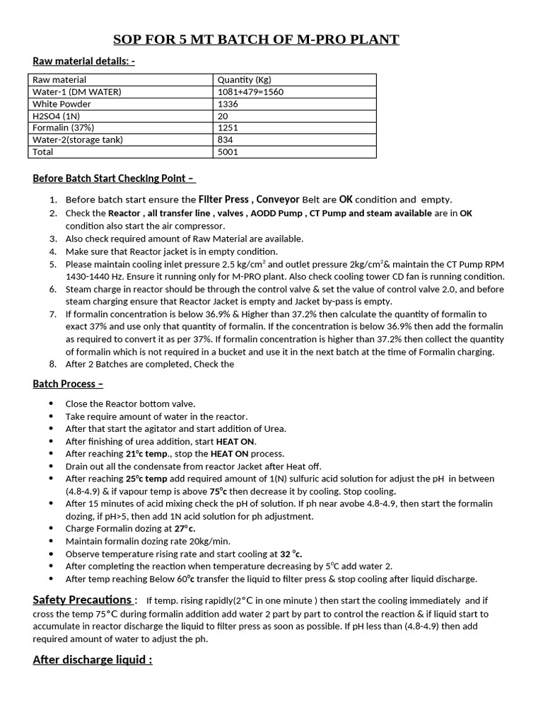 Sop For M-Pro Batch | PDF | Chemical Reactor | Pump