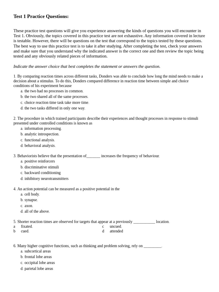 Test 1 Practice Questions | PDF | Attention | Mental Chronometry