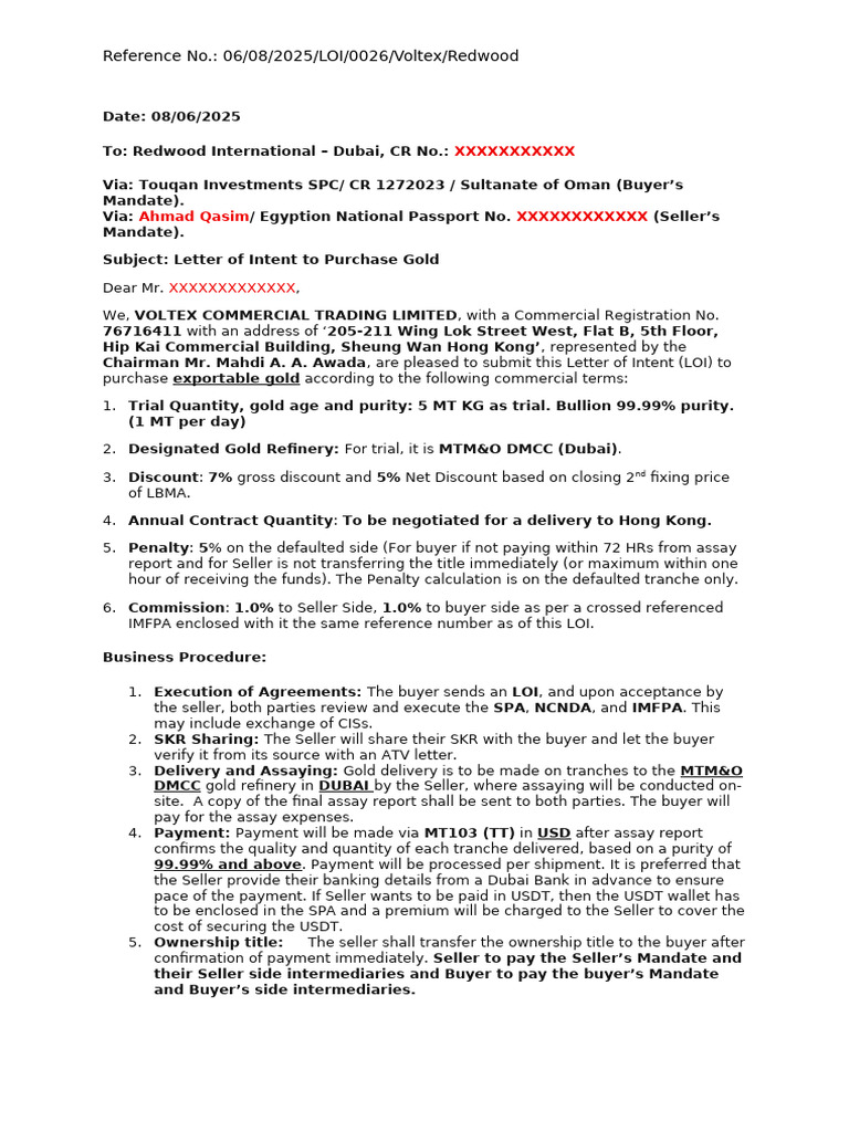 LOI To Purchase Gold in Dubai Draft Version | PDF | Financial Markets