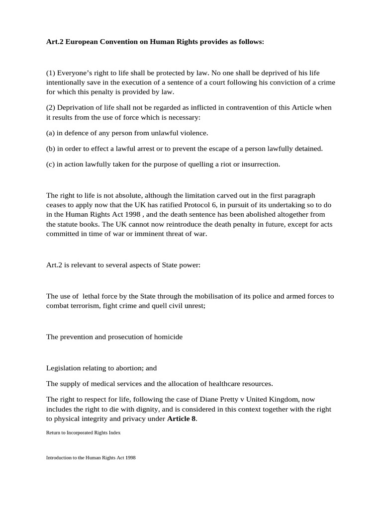 Art.2 European Convention On Human Rights | PDF