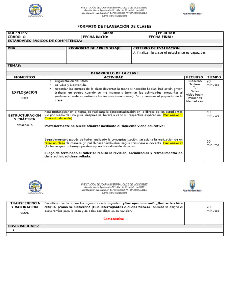 Actualizado - Formato de Planeación de Clases Básica Primaria | PDF ...