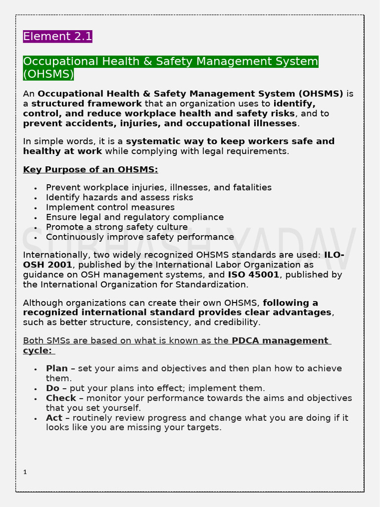 Nebosh IGC - IG1 - Element 2.1 - OHSMS | PDF | Occupational Safety And ...