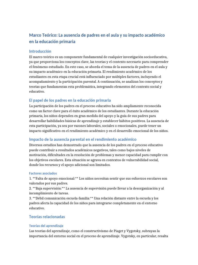 Marco Teorico Ausencia Parental | PDF | Educación primaria | Las emociones