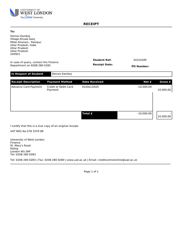 Receipt: in Respect of Student Receipt Description Payment Method Date ...