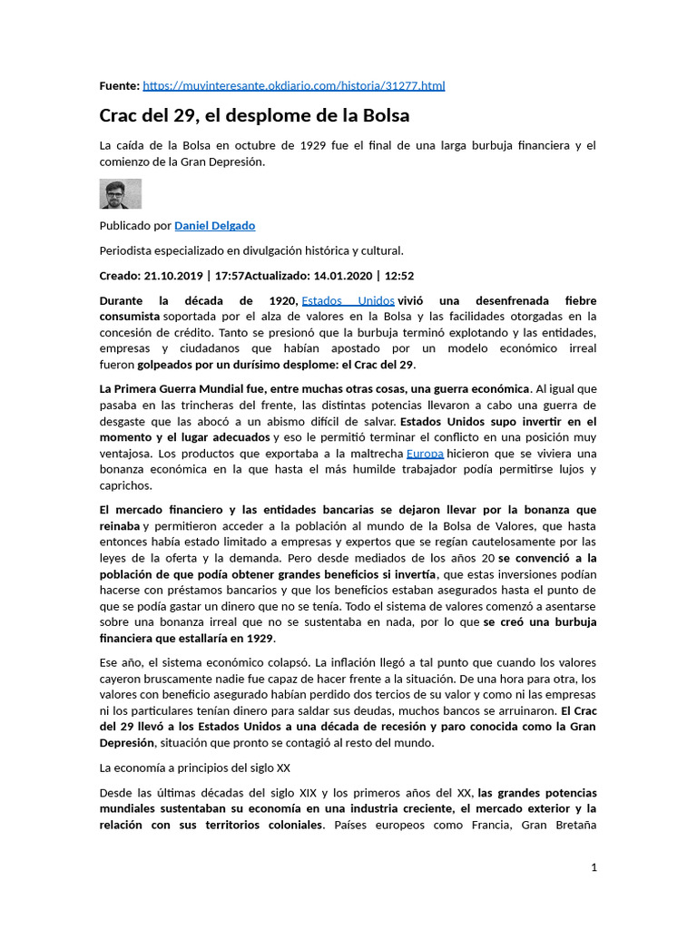 Crac Del 29, El Desplome de La Bolsa | PDF | Gran depresion | Nuevo acuerdo