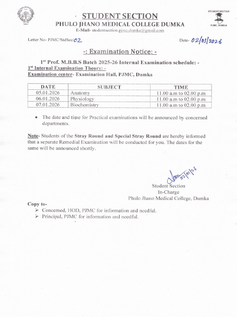 1st Internal Examination Notice Batch-2025 | PDF