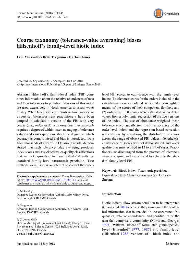 Coarse Taxonomy Tolerance Value Averaging Biases Hilsenhoffs Family ...