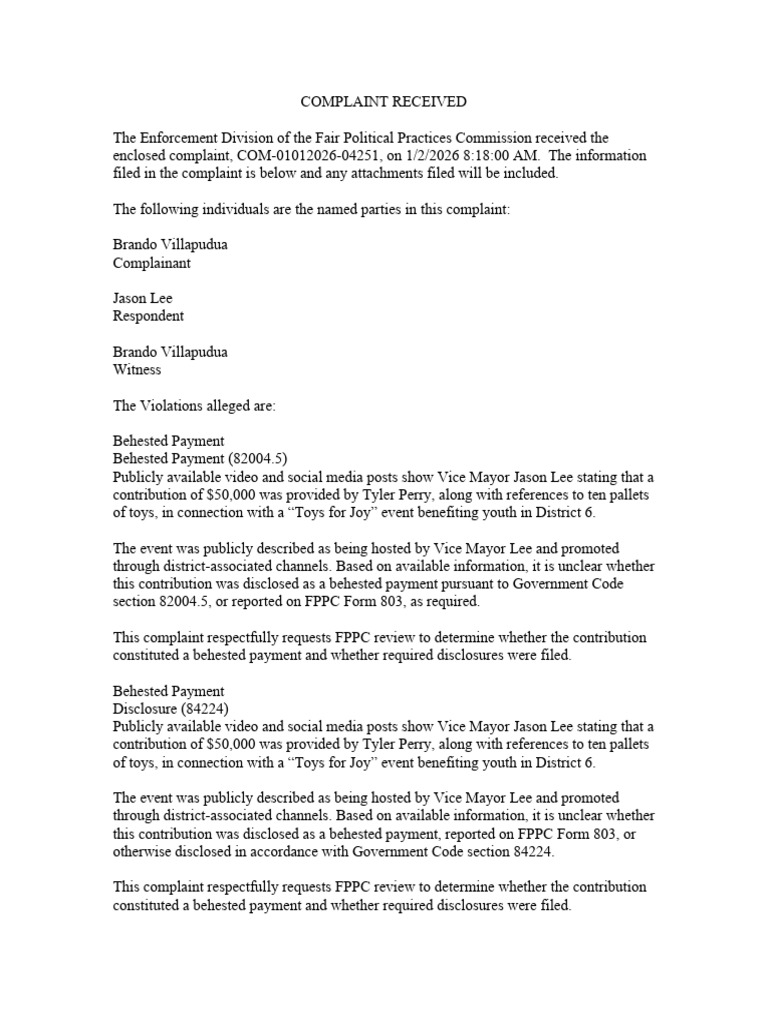 Enforcement Division of The Fair Political Practices Commission ...