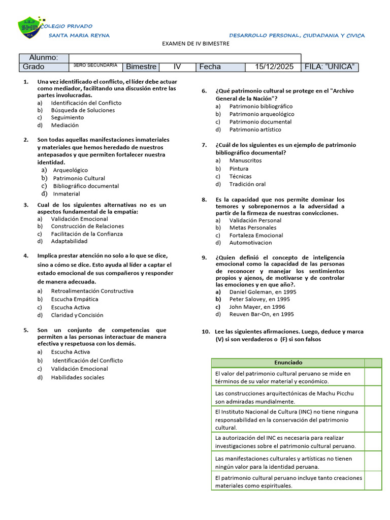 Examen Desarrollo Personal, Social y Civico de IV Bimestre | PDF | Las ...